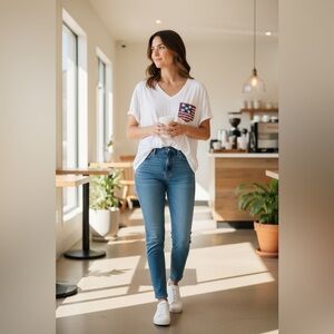 White V-Neck Tee with Patriotic sequined Pocket